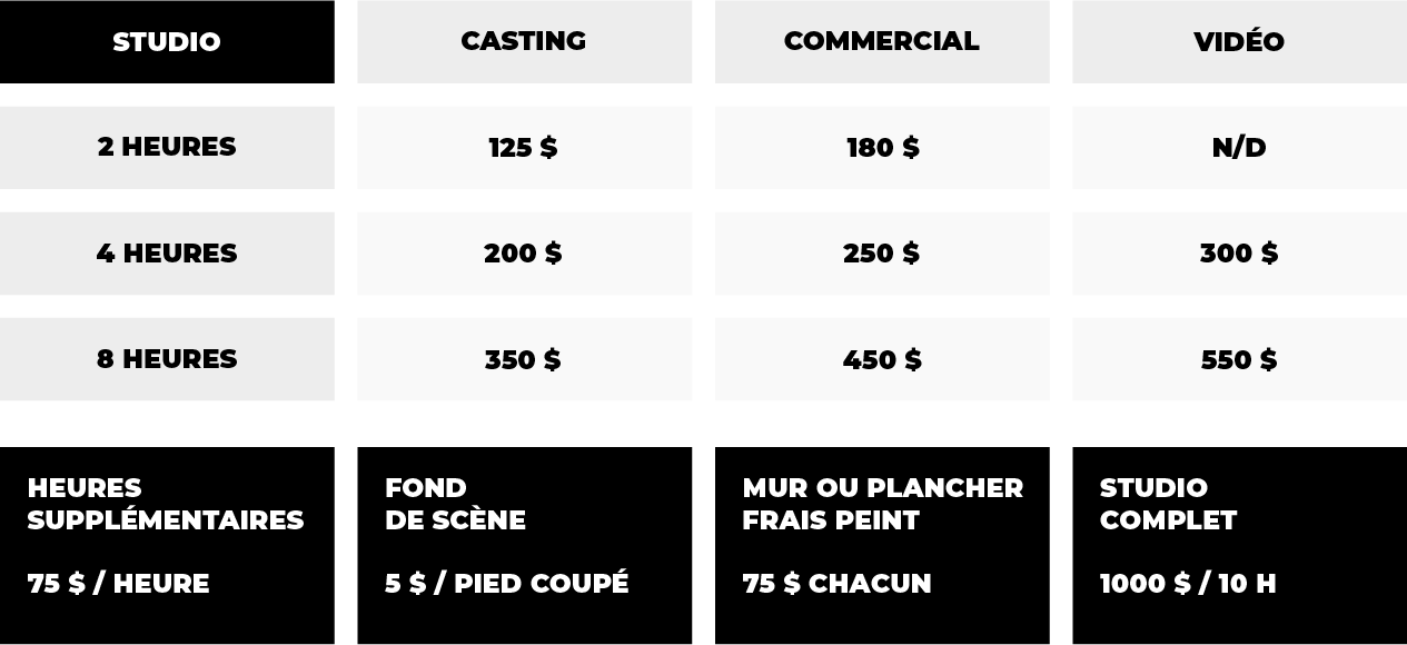 Grille de tarif location studio