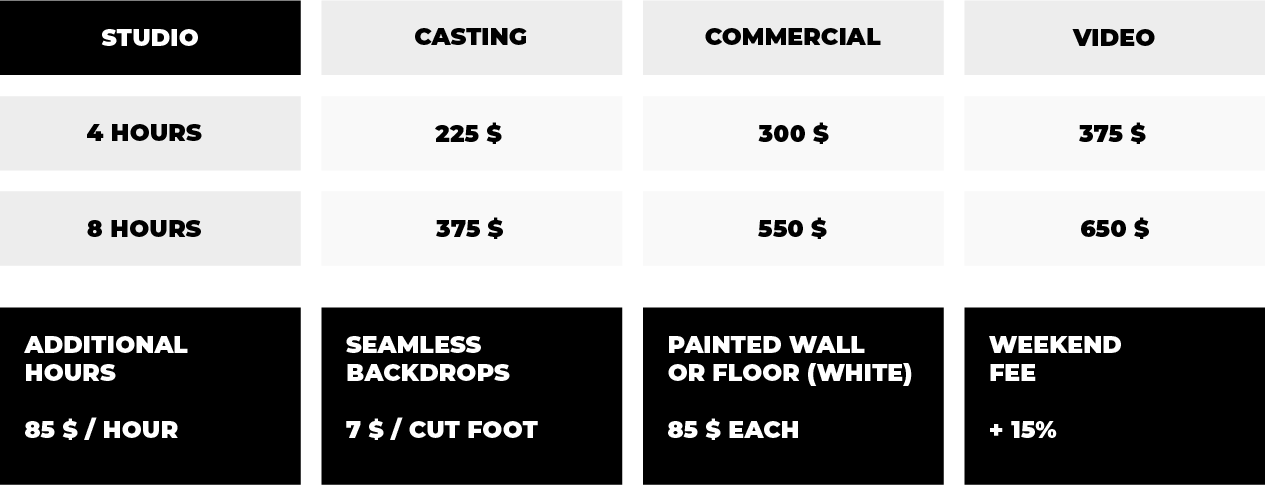 price grid for photo video studio rental in Montreal